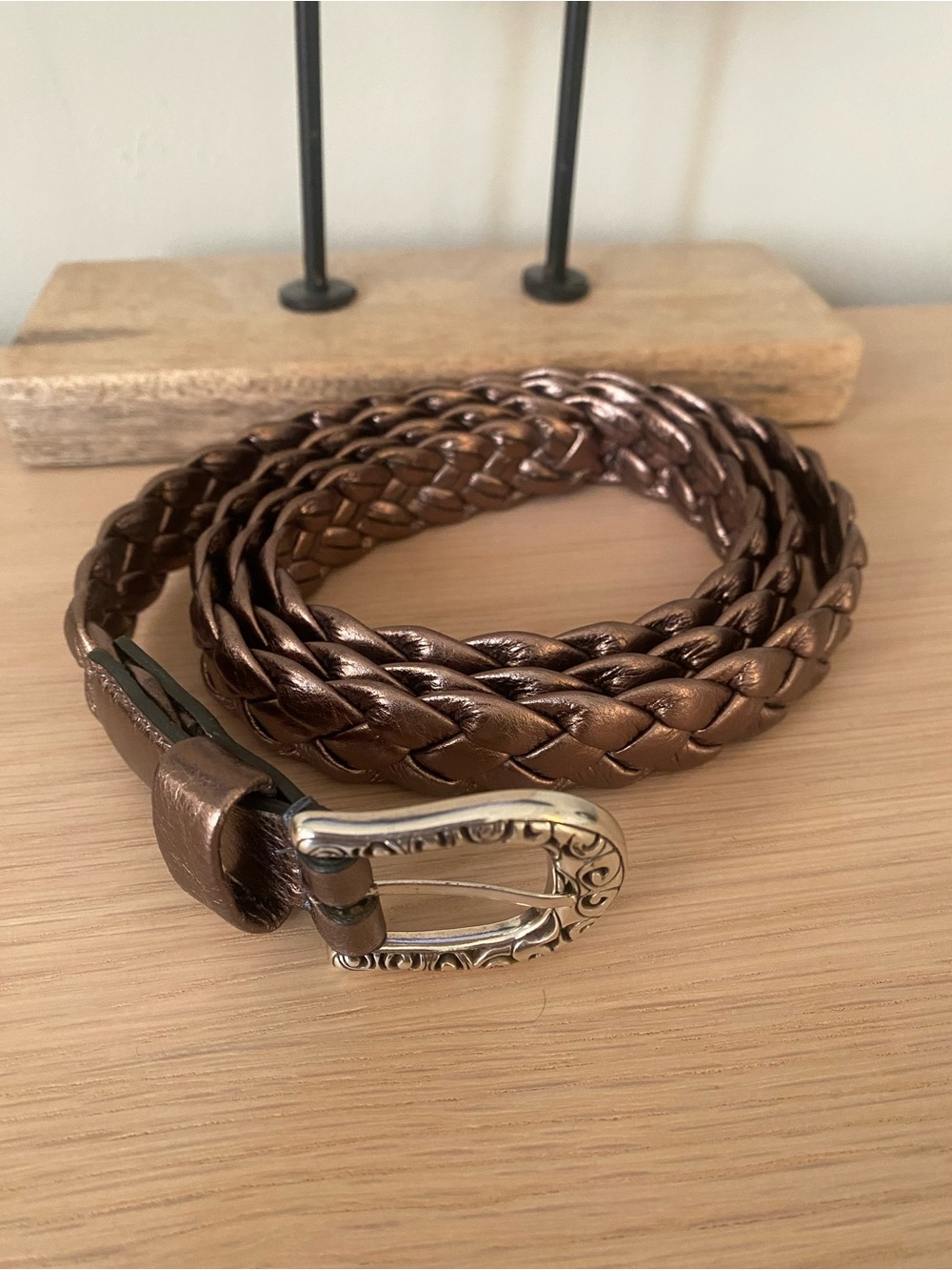 EUC Brighton SZ 40 Leather Braided Belt With Silver Buckle Pewter Leather Color